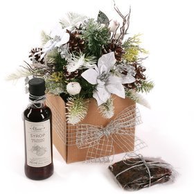 Zestaw prezentowy, kompozycja kwiatów i roślin- flowerbox, herbata, syrop