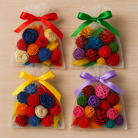 Zestaw do dekoracji DIY 10 kolorów • szyszki, piórka, kulki ratan, kwiaty shola • prezent box