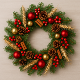 Wianek świąteczny 25 cm z kłosami, czerwienią i złotem – elegancka dekoracja bożonarodzeniowa