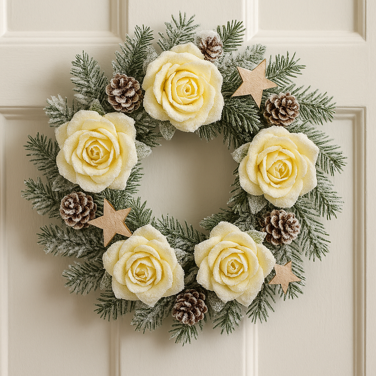 Zestaw Świąteczny GrandDeco – Wianek 25 cm + Bukiet 40 cm z Mrożonymi Różami i Szyszkami – Idealny Prezent