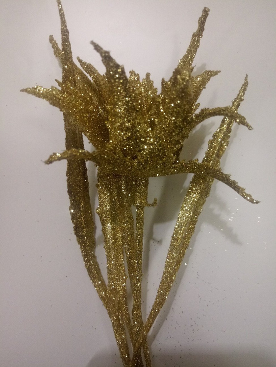  GAŁĄZKA EGZOTYCZNA Z BROKATEM gałązka kwiatowa liść sztuczny ZŁOTY 28 cm