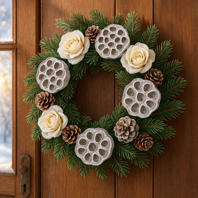 Wianek świąteczny 25 cm na igliwiu naturalnym z szyszkami, różami i lotosami bielonymi