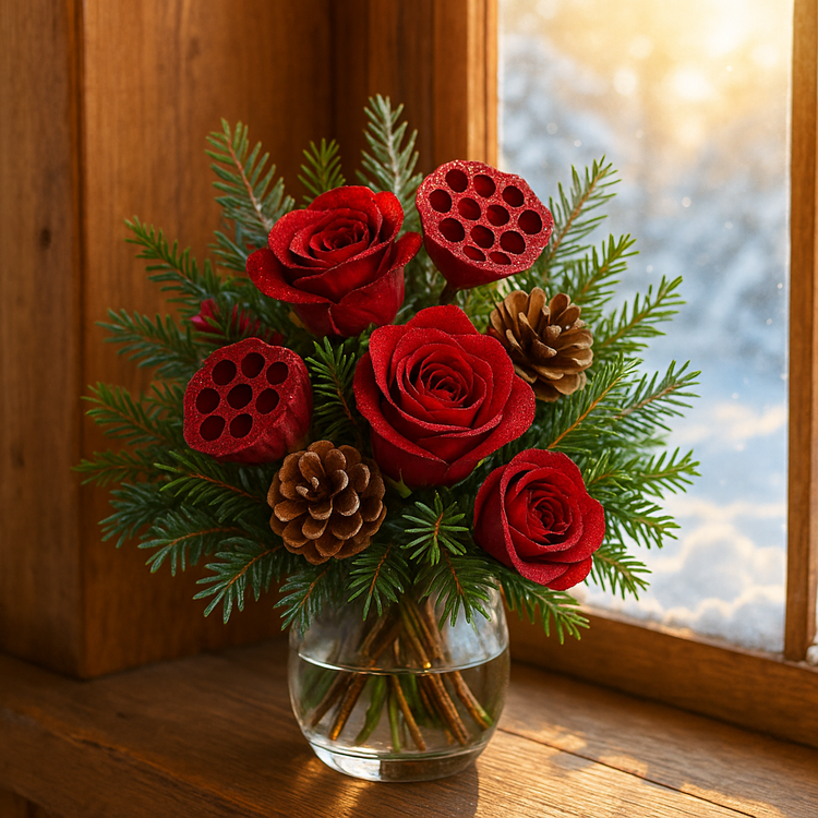 Lotos czerwony 6–8 cm (6 szt.) – dekoracyjny kwiat z brokatem, świąteczne ozdoby do stroików i wieńców