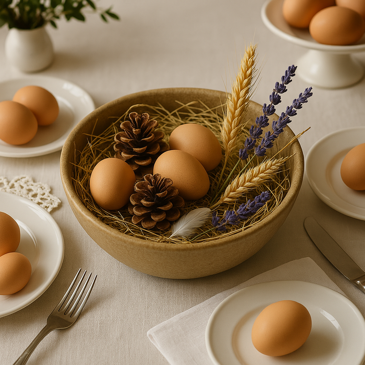 Naturalna dekoracja wielkanocna w woreczku prezentowym – sianko, szyszki, lawenda, kłosy i piórka