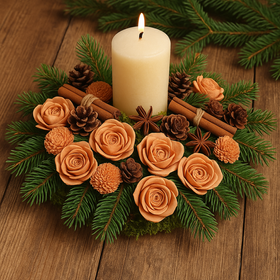 Stroik świąteczny GrandDeco z igliwia z świecą, pomarańczą i cynamonem 30 cm