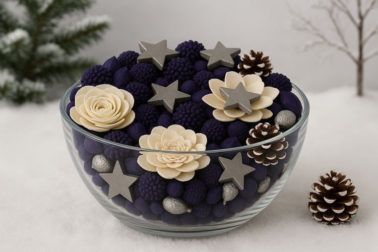   Zestaw Dekoracyjny 1 L – Granat, Srebro i Kremowe Kwiaty Shola | Naturalne Elementy do Stroików, Naczyń i Kompozycji Zimowych