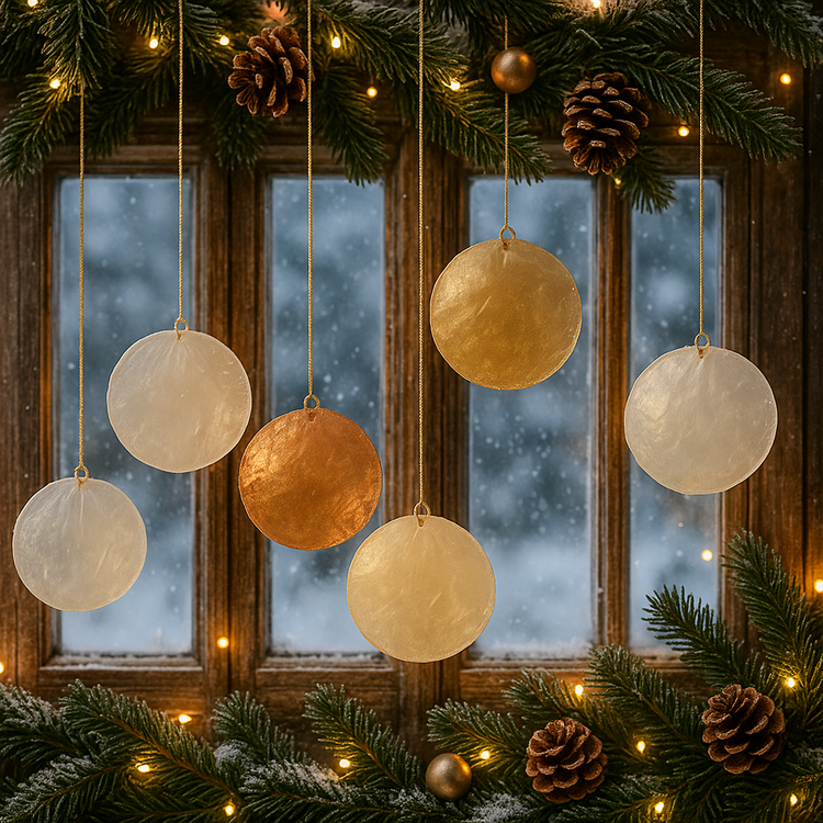 Muszle Capiz 7–11 cm 12 szt – GrandDeco  Naturalne, perłowe krążki do dekoracji świątecznych i zimowych aranżacji