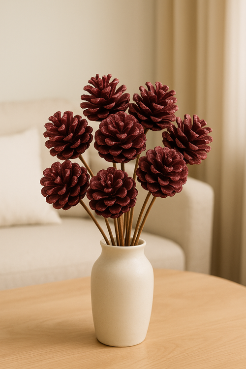 Dekoracyjny Bukiet Bordowych Szyszek XXL z Brokatem – 9 szt. | Duże główki 8 cm | Pik 40 cm