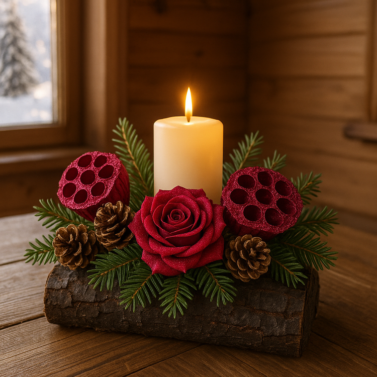 Lotos czerwony 6–8 cm (6 szt.) – dekoracyjny kwiat z brokatem, świąteczne ozdoby do stroików i wieńców