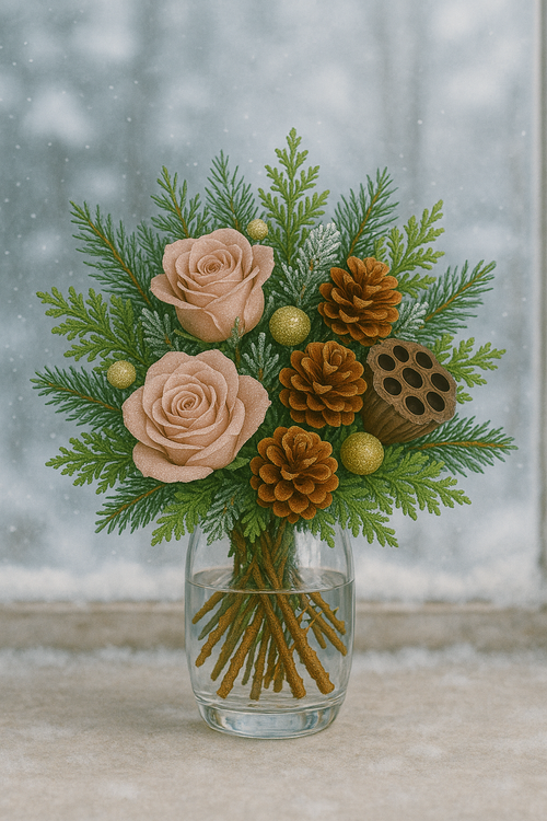 Bukiet świąteczny 30 cm – tuja, miedziane szyszki, brokatowe kulki, róże i lotos