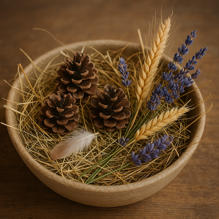 Naturalna dekoracja wielkanocna w woreczku prezentowym – sianko, szyszki, lawenda, kłosy i piórka