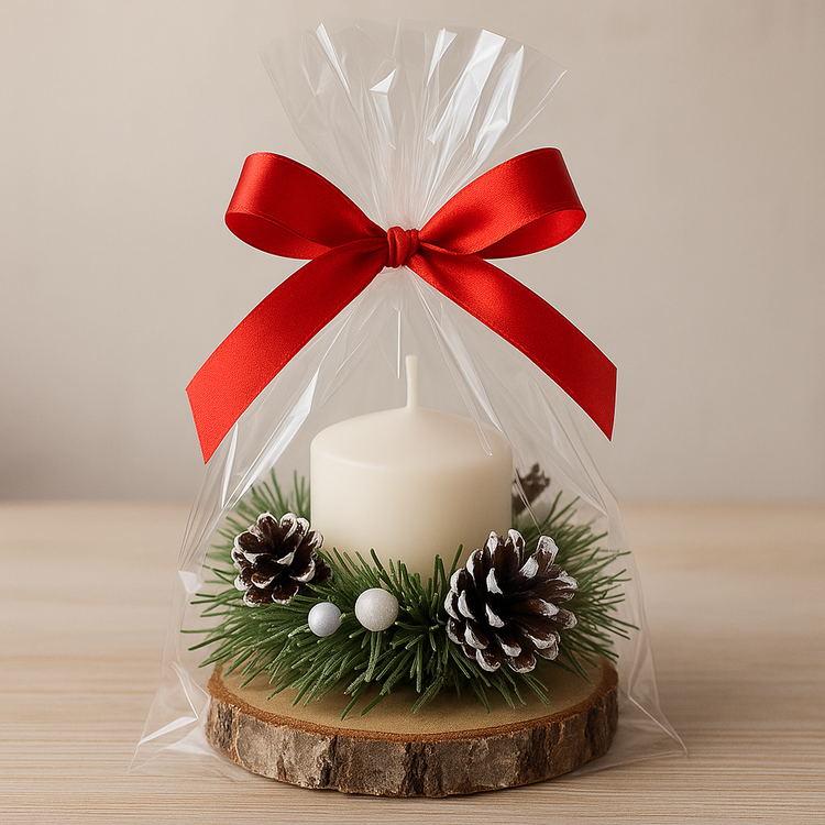 Świąteczny stroik ze świecą, szyszki, perełki, 12 cm – dekoracja, prezent, Boże Narodzenie