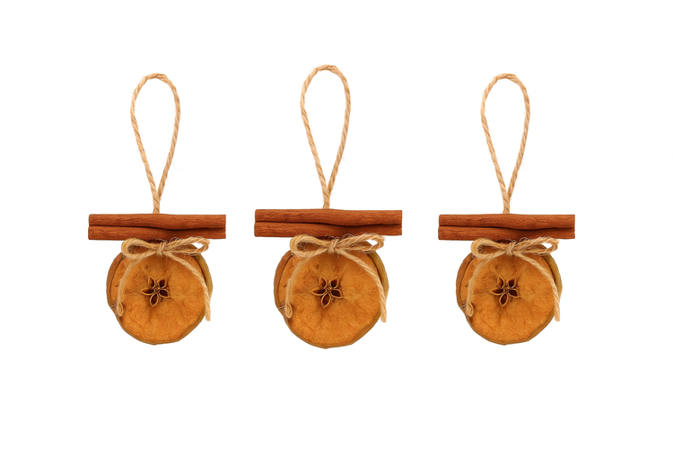 Zawieszki świąteczne dwustronne 3 szt. | Suszone jabłko, cynamon, jutowa kokardka i drewniana gwiazdka | Naturalne ozdoby GrandDeco