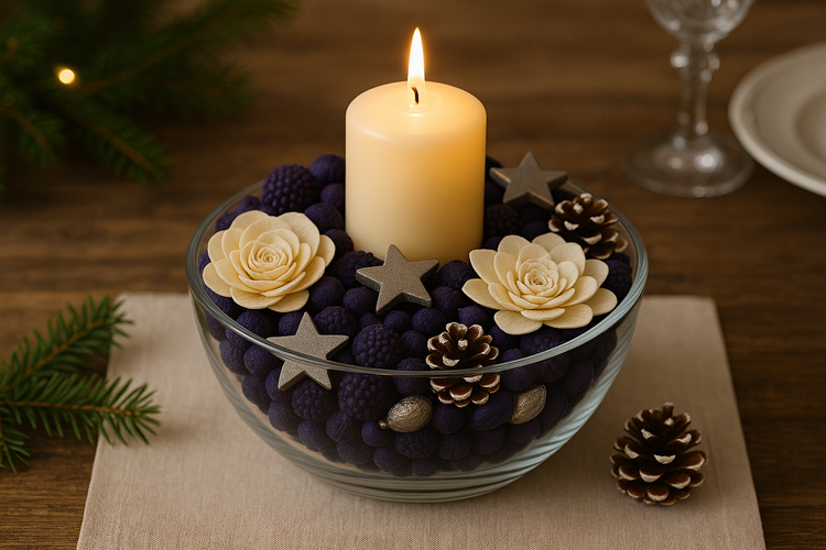   Zestaw Dekoracyjny 1 L – Granat, Srebro i Kremowe Kwiaty Shola | Naturalne Elementy do Stroików, Naczyń i Kompozycji Zimowych