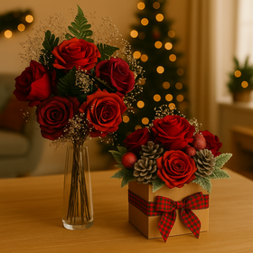 Świąteczny Zestaw Prezentowy – Bukiet Róż + Flowerbox Red Elegance | Idealny Upominek na Boże Narodzenie