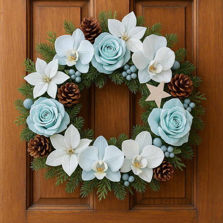 Wianek świąteczny z igliwia 25 cm w biało-błękitnej kolorystyce