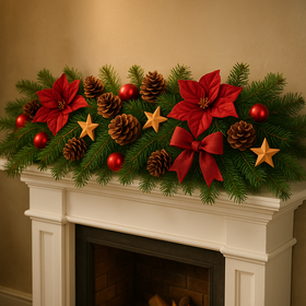 Dekoracja świąteczna 1 m na żywym igliwiu – czerwone gwiazdy betlejemskie, szyszki, bombki i jutowa kokarda