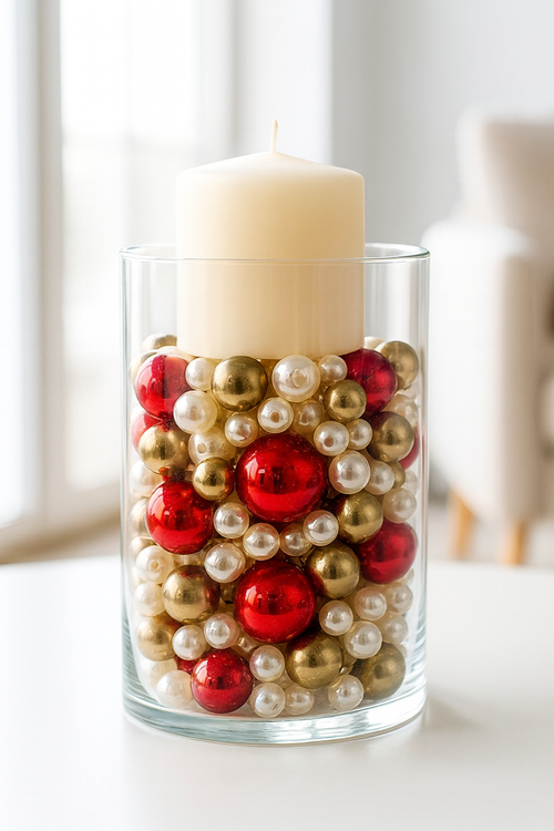 Perełki koraliki dekoracyjne 50g – biało-złoto-czerwone – ok. 250 szt. do stroików, bombek, handmade