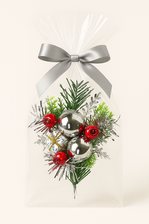 Świąteczna dekoracja prezentowa 25 cm – błyszczące bombki, srebrne akcenty, czerwone owoce