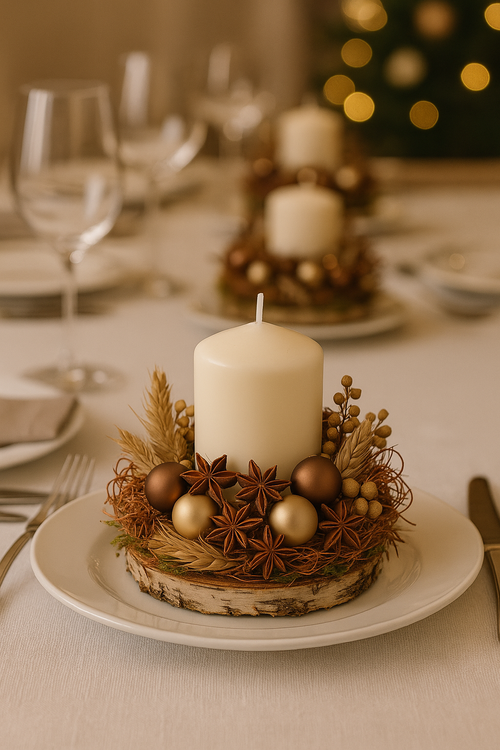 Stroik świąteczny GrandDeco 12 cm z naturalną dekoracją i świecą 16h – elegancja w złocie i brązach