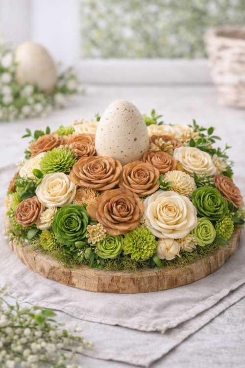 Kwiaty shola mix naturalny GrandDeco – zieleń, krem, jasny brąz | 60 szt. | dekoracje wielkanocne & DIY