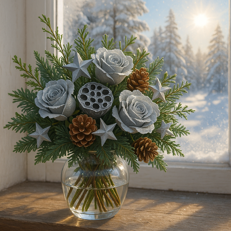 Srebrny kwiat lotosu 6–8 cm (6 szt.) – dekoracje świąteczne, stroiki, wieńce, aranżacje bożonarodzeniowe