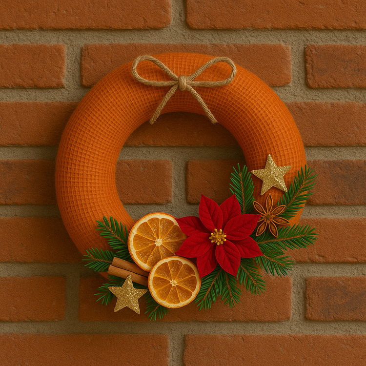 Wianek świąteczny jutowy 25 cm –pomarańczowy z klasycznymi dodatkami, gwiazda betlejemska, pomarańcze, cynamon i anyż