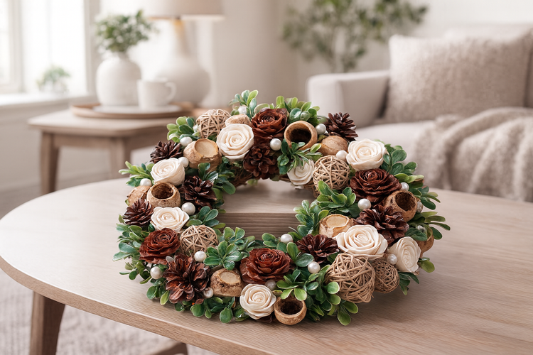 Wianek prezentowy 25–30 cm w pudełku z okienkiem – naturalna dekoracja świąteczna GrandDeco