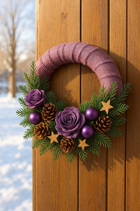 Wianek świąteczny 25 cm na bazie fioletowej juty z różami, bombkami i szyszkamiosami, różami i szyszkami do kompozycji i stroików