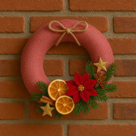 Wianek świąteczny jutowy 25 cm –różowy z klasycznymi dodatkami, gwiazda betlejemska, pomarańcze, cynamon i anyż