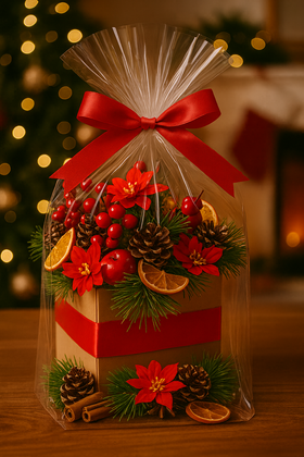 Świąteczny Stroik Prezentowy 25 cm – Kompozycja z Poinsecją, Cynamonem, Szyszkami i Cytrusami, zapakowana w elegancki celofan z kokardą