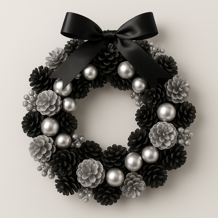 Szyszki dekoracyjne czarne i srebrne GrandDeco – 60 szt. eleganckie ozdoby w stylu glamour do stroików, wianków i dekoracji zimowych