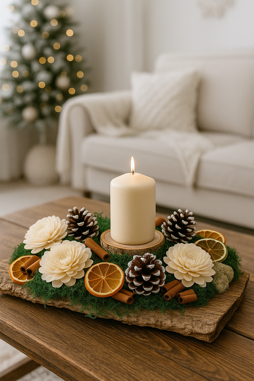 Zestaw DIY Naturalny Stroik Świąteczny – kora, mech, cynamon, szyszki malowane, suszone cytrusy, świeca – dekoracje handmade