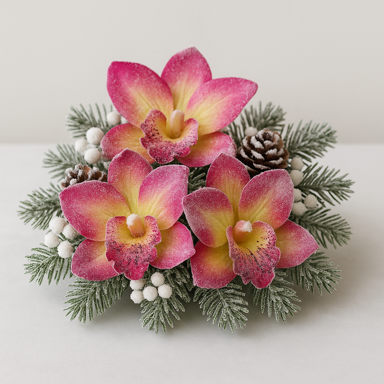 Ośnieżone Główki Storczyków – Zestaw 4 szt. do Dekoracji Zimowych i Świątecznych