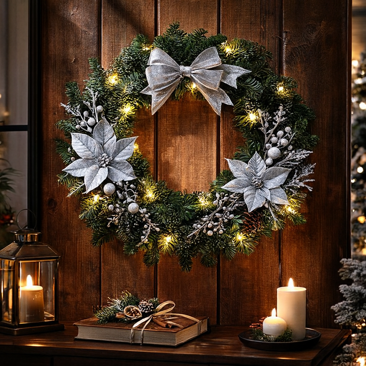 Naturalny Wianek ze Świerku 25–30 cm z Mikro–Lampkami LED | Klasyczna Świąteczna Dekoracja z Prawdziwego Igliwia