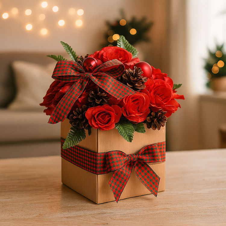 Świąteczny Flowerbox 20–25 cm z czerwonymi różami i szyszkami – kolekcja GrandDeco