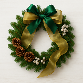Wianek Świąteczny 25 cm z zieloną i złotą kokardą – elegancka dekoracja GrandDeco