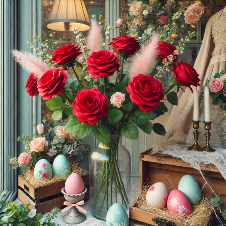 Ozodby do wiosennych dekoracji Sztuczny kwiat czerwona róża na łodydze 