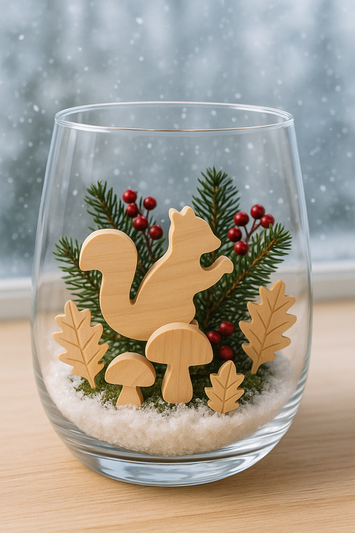 Drewniane figurki do DIY – listki, grzybki, wiewiórki – 36 szt., 2–5 cm