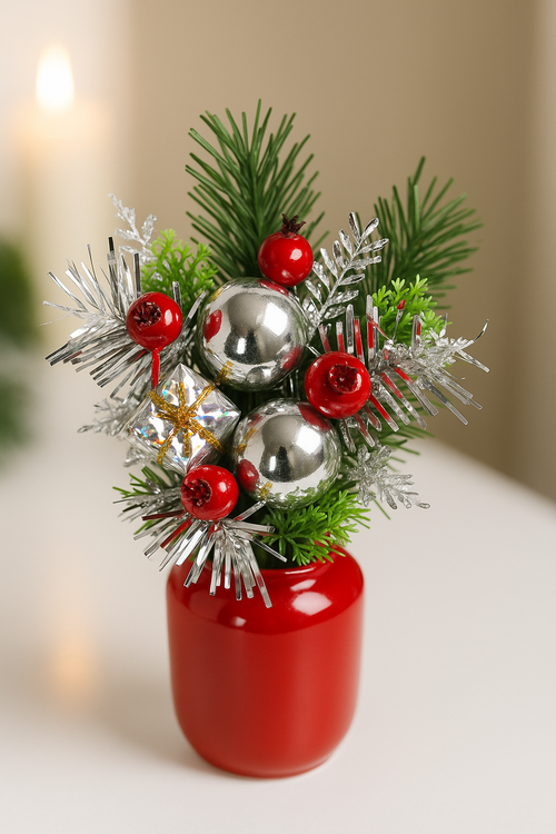 Świąteczna dekoracja prezentowa 25 cm – błyszczące bombki, srebrne akcenty, czerwone owoce
