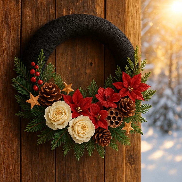 Wianek świąteczny 25 cm – czarna juta, tuja, róże, poinsecje i storczyki w czerwono–kremowo–brązowej kompozycji