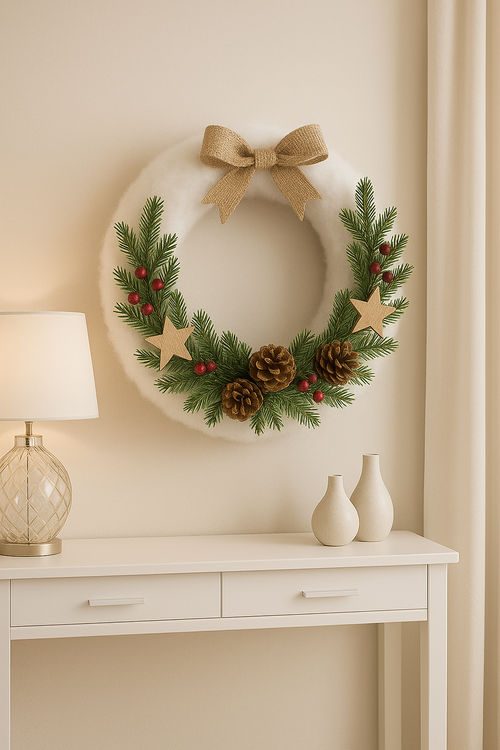 Miękki biały wianek  – idealna baza do zimowych dekoracji DIY (25 cm)