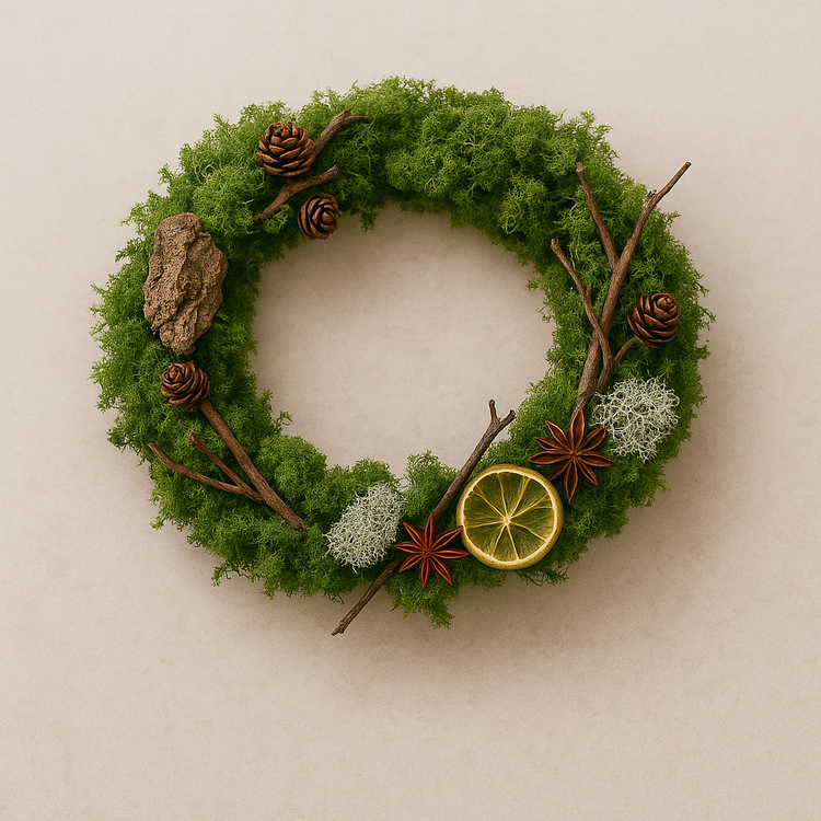 Naturalny stroik świąteczny z mchu i dodatków leśnych – dekoracja na stół