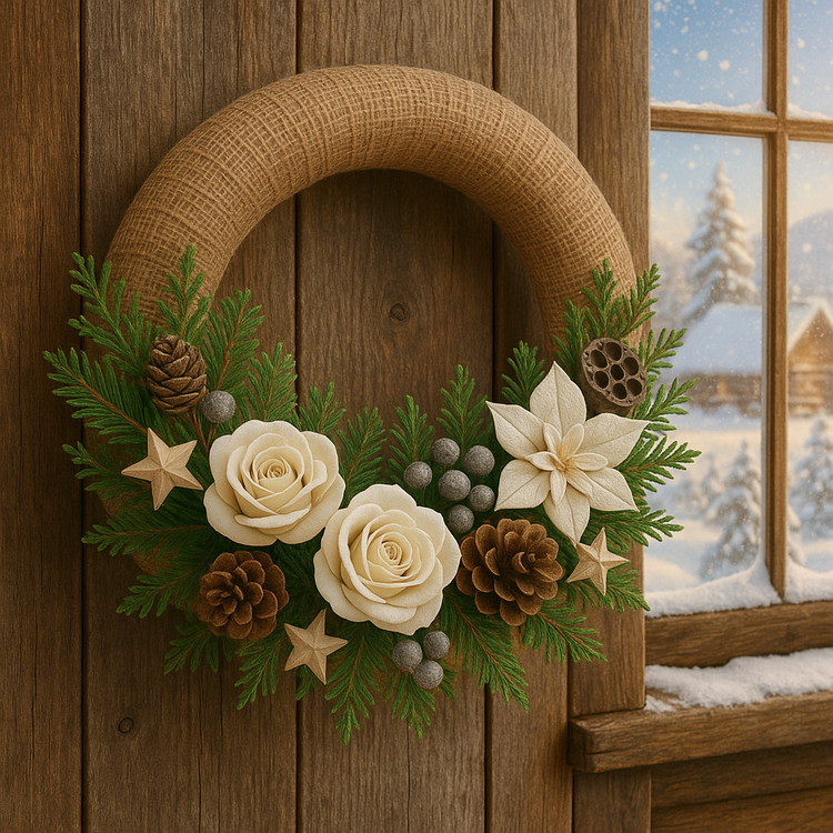 Wianek świąteczny 25 cm – na naturalnej jucie z kremowo-srebrnymi ozdobami, różami, poinsecją i szyszkami