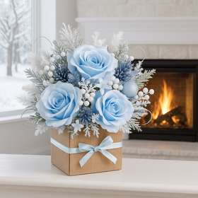 Zimowa dekoracja w pudełku z niebieskimi różami – prezent świąteczny handmade 20–25 cm