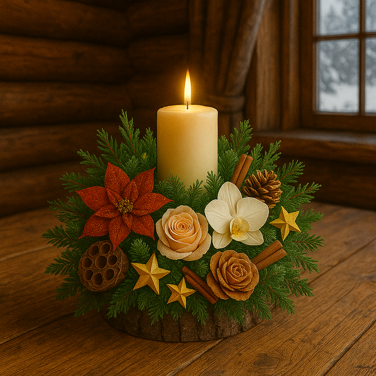 Stroik świąteczny 20 cm – igliwie, czerwono-kremowo-złota kompozycja z różami, poinsecjami, storczykami, szyszkami i lotosami