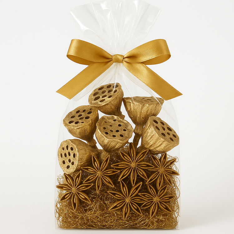 Zestaw DIY GrandDeco – złote lotosy, anyż i korzonki dekoracyjne | Naturalny komplet do stroików i dekoracji świątecznych