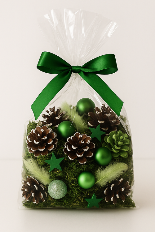 Zestaw Dekoracyjny Zielony 1 L – Szyszki, Mech, Drewniane Gwiazdki i Bombki | Naturalna Zimowa Kompozycja do Naczyń i Stroików