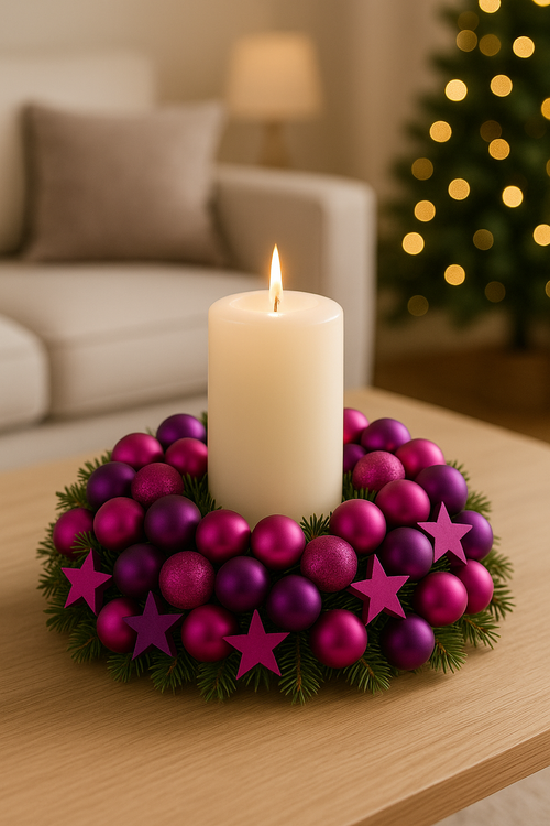 Zestaw Świąteczny GrandDeco – 90 Bombek na Druciku w Odcieniach Magenty i Fioletu + 36 Drewnianych Gwiazdek 3 cm