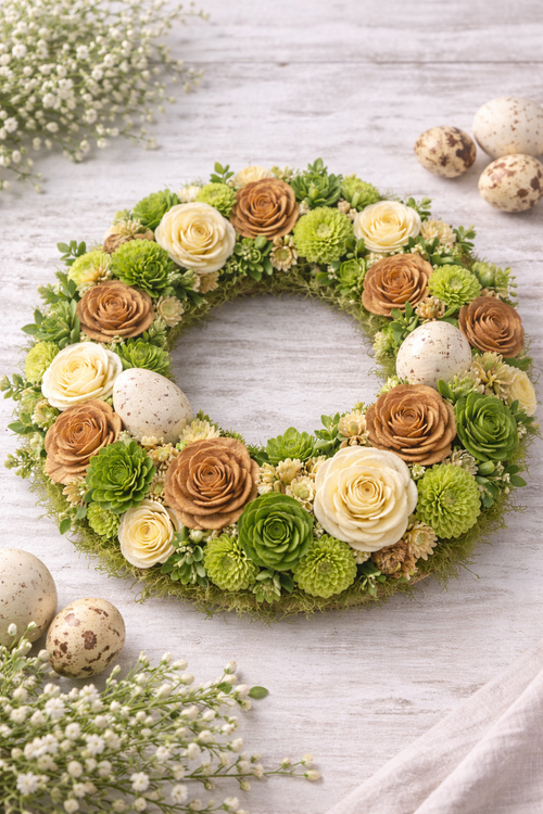 Kwiaty shola mix naturalny GrandDeco – zieleń, krem, jasny brąz | 60 szt. | dekoracje wielkanocne & DIY